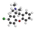 Asenapine antipsychotic drug molecule. 3D rendering. Atoms are represented as spheres with conventional color coding: hydrogen (