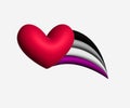Asexual 3d flying heart comet with LGBTQ+ sexual identity pride flag. Pride concept. Rainbow heart