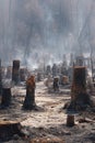 Ash-covered ground with smoking tree stumps, showing the immediate aftermath and lingering devastation of a recent forest fire Royalty Free Stock Photo