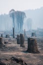 Ash-covered ground with smoking tree stumps, showing the immediate aftermath and lingering devastation of a recent forest fire Royalty Free Stock Photo