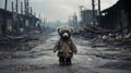 Ash covered stuffed bear with dirty jacket stands helpless in middle of road - generative AI