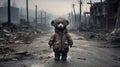 Ash covered stuffed bear with dirty jacket stands helpless in middle of road - generative AI