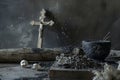 Ash Wednesday Still Life: Crucifix and Skulls on Table. Generative AI