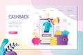 ÃÂ¡ashback landing page template. Reward, loyalty program. Smartphone, bank clerk with loud speaker, internet marketing technology Royalty Free Stock Photo