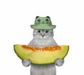 Cat ashen holding slice of melon