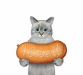 Cat ashen holding large sausage