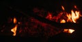 Ashes and coals, smoke from the fire. Sparks from the fire and red-hot coals on a black background close-up. Campfire, fire for Royalty Free Stock Photo