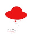 Ashion illustration in minimalism style. Young woman Face contour with red gloss lips. Girl in a wide-brimmed red hat