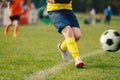 AShoot of Football Player on the Outdoor Field. Junior Soccer Match