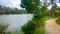 Ashtamudi lake in Kerala filled with green trees on shore. Kerala Backwaters Royalty Free Stock Photo