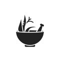 Ashwagandha bowl dry root medicinal herb glyph black icon. Alternative medicine from asia. Sign for web page, mobile app, button, Royalty Free Stock Photo