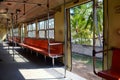 Interior of empty suburban train on the move in Sri Lanka