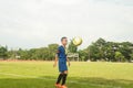 Asia boy playing Soccer football field stadium grass line ball b Royalty Free Stock Photo