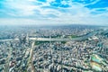 Panoramic modern city urban skyline bird eye aerial view under sun & blue sky in Tokyo, Japan Royalty Free Stock Photo