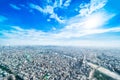 Panoramic modern city urban skyline bird eye aerial view under sun & blue sky in Tokyo, Japan Royalty Free Stock Photo