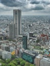 Asia business concept for real estate and corporate construction - panoramic urban city skyline aerial view under rainy sky in