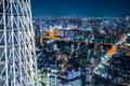 Panoramic urban city skyline aerial view under twilight sky and neon night in tokyo, Japan