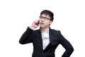 Asia businessman has holding a phone for seriuosly talking with Royalty Free Stock Photo