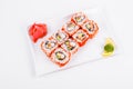 Asia. California rolls on a white plate on a white background