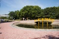 Asia China, Beijing, Jianhe Park, wooden bridge, wooden railings, sidewalks