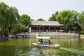 Asia China, Beijing, Longtan Lake Park, Summer landscape, Waterside Pavilion, cruise ship