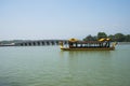 Asia China, Beijing, the Summer Palace, the summer landscape,Dragon boat, the stone bridge. Royalty Free Stock Photo