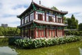 Asia China, Beijing, xinglong park, lake view, waterside pavilion