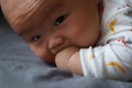 Close-up body parts baby infant chubby head dribble boy is suck eating his hands isolated background innocent pure happy smile