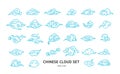 Asia Clouds Sign Blue Thin Line Icon Set. Vector