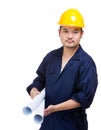 Asia construction worker with blue print Royalty Free Stock Photo