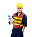 Asia construction worker with layout drawing Royalty Free Stock Photo