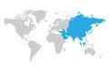 Asia continent blue marked in grey silhouette of World map.