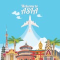 Asia detailed poster with airplane.