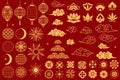 Asia elements. Chinese festive decorative gold traditional symbols, lotus flowers and lanterns, clouds and moon Royalty Free Stock Photo