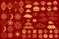 Asia elements. Chinese festive decorative gold traditional symbols, lotus flowers and lanterns, clouds and moon