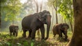 Asia Elephants family walking in the natural park, Animal wildlife habitat in the nature forest, beautiful of life, massive body