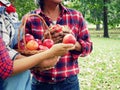 Asia family farmer apple happy and fun in garden park from the yield within the garden.