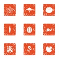 Asia farmer icons set, grunge style