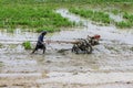 Asia Farmer using tiller tractor in rice field Royalty Free Stock Photo