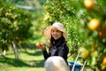 Asia Female farmer picking carefully ripe woman picking ripe orange in orchard