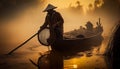 Asia fisherman net using on wooden boat casting net sunset or sunrise in the Mekong river - Silhouette fisherman boat Royalty Free Stock Photo