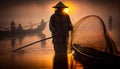 Asia fisherman net using on wooden boat casting net sunset or sunrise in the Mekong river - Silhouette fisherman boat Royalty Free Stock Photo