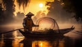 Asia fisherman net using on wooden boat casting net sunset or sunrise in the Mekong river - Silhouette fisherman boat Royalty Free Stock Photo