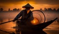 Asia fisherman net using on wooden boat casting net sunset or sunrise in the Mekong river - Silhouette fisherman boat Royalty Free Stock Photo