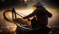 Asia fisherman net using on wooden boat casting net sunset or sunrise in the Mekong river - Silhouette fisherman boat Royalty Free Stock Photo