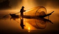 Asia fisherman net using on wooden boat casting net sunset or sunrise in the Mekong river - Silhouette fisherman boat Royalty Free Stock Photo