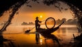 Asia fisherman net using on wooden boat casting net sunset or sunrise in the Mekong river - Silhouette fisherman boat Royalty Free Stock Photo