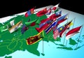 Asia flags on map (Southwest view)
