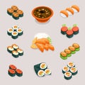 Asia food icons. Rolls sushi, miso soup