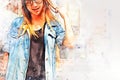 Asia girl traveling and walking on street on watercolor illustration painting background.
